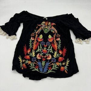 Umgee Blouse Women Small Boho Embroidery Flowers